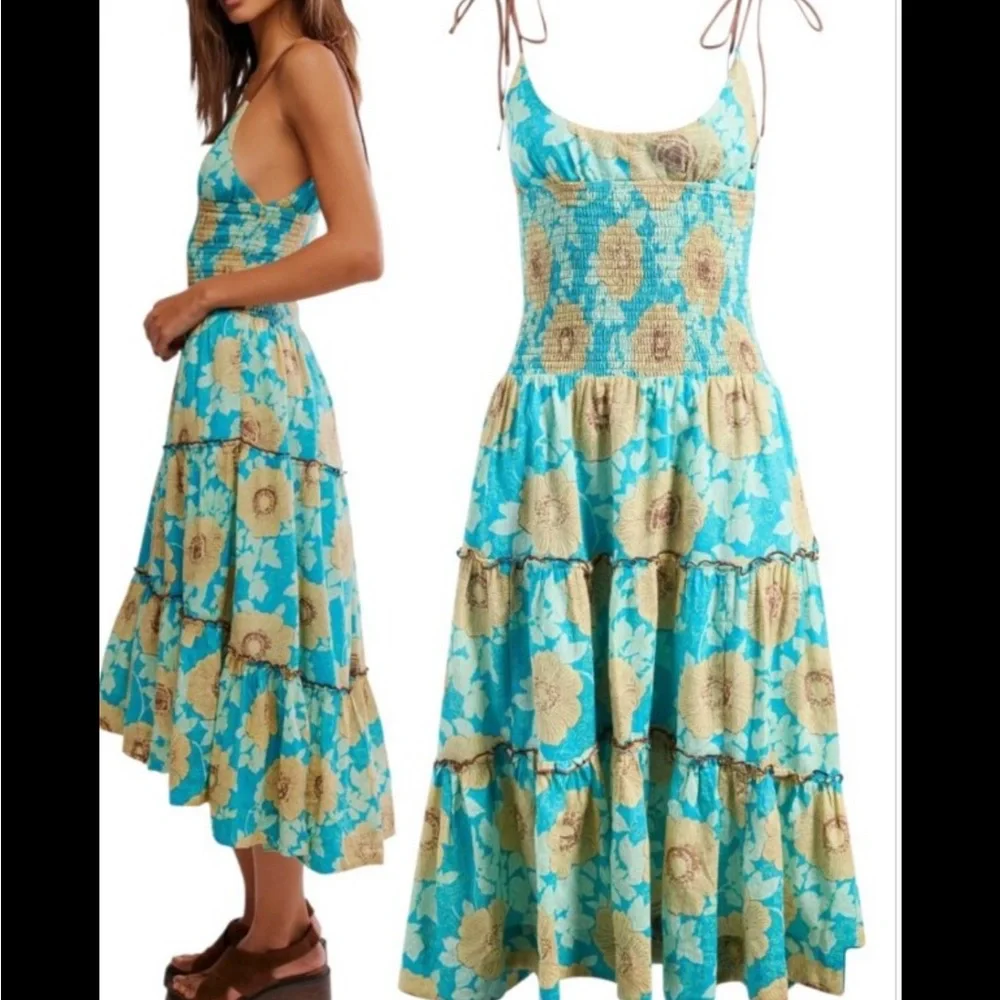 Free people Adriel Tie Strap Tiered Midi Dress NWT Size L - Picture 6 of 10